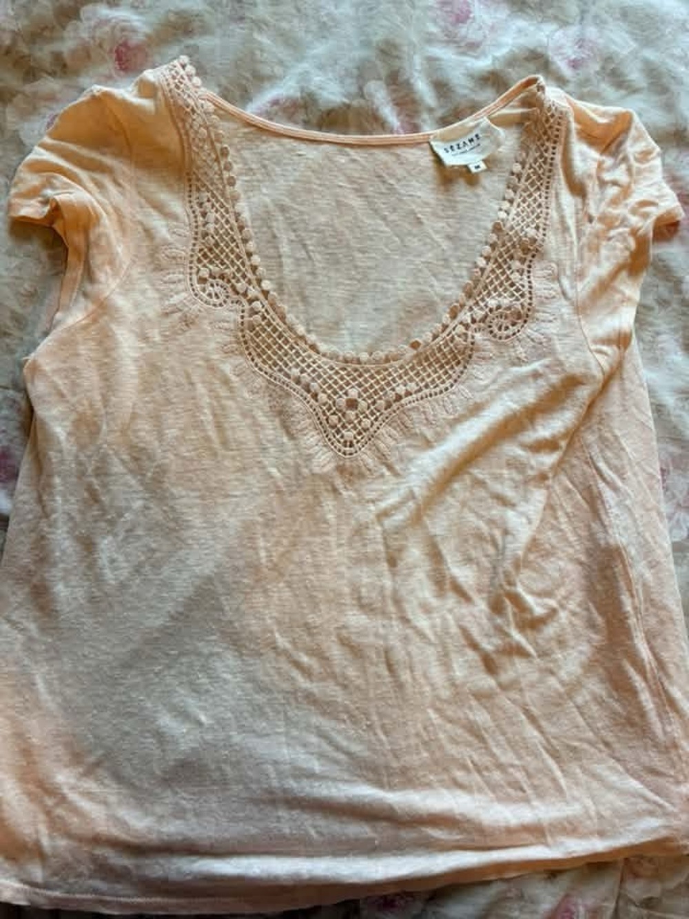 Sezane Peach Crochet-Trim Scoop Tee